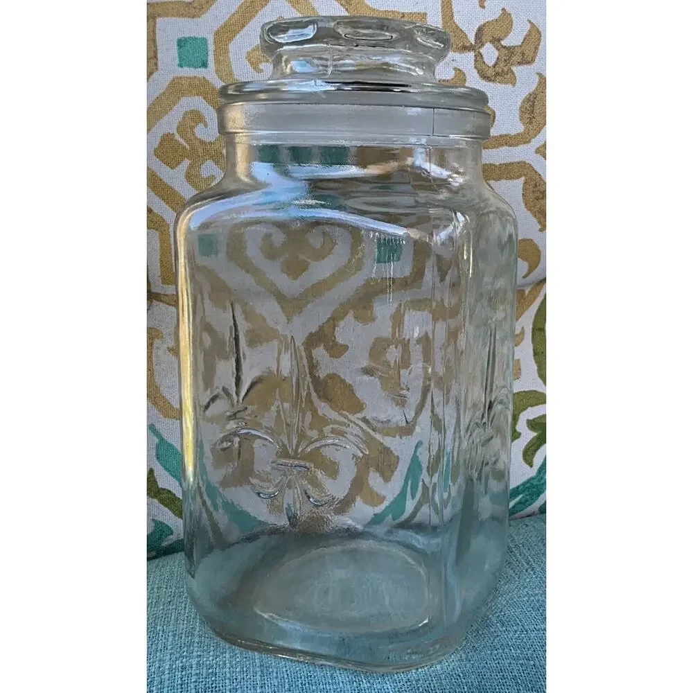 Anchor Hocking Fleur De Lis Glass Apothecary Jar Canister 7”x 3.5” Vintage